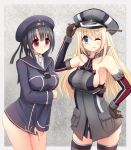  2girls ;p alternate_costume aqua_eyes atago_(kantai_collection) bismarck_(kantai_collection) bismarck_(kantai_collection)_(cosplay) black_hair blonde_hair breasts hat kantai_collection long_hair looking_at_viewer multiple_girls one_eye_closed peaked_cap rizuriri sailor_hat short_hair sideboob takao_(kantai_collection) tongue tongue_out violet_eyes z1_leberecht_maass_(kantai_collection) z1_leberecht_maass_(kantai_collection)_(cosplay) 