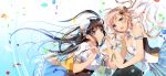  2girls :d black_hair blue_eyes bow breasts cleavage hair_bow hair_ornament highres holding long_hair looking_at_viewer mini_hat multiple_girls murakami_yuichi open_mouth original pen silver_hair smile 
