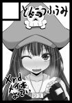  1girl blush circle_cut fingerless_gloves full-face_blush gloves greyscale guilty_gear hat heavy_breathing long_hair may_(guilty_gear) monochrome one_eye_closed pirate_hat ponkotsu sailor_collar skull_and_crossbones solo sweat 
