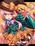  1girl adapted_costume blush bow bubble_skirt commentary_request hat hat_bow hata_no_kokoro highres jack-o&#039;-lantern long_hair long_sleeves open_mouth pantyhose pink_eyes pink_hair shirt skirt solo striped striped_legwear touhou very_long_hair wide_sleeves witch_hat zan_(harukahime) 