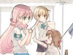  2girls :d akashi_(kantai_collection) alternate_costume blonde_hair brown_eyes brown_hair carrying green_eyes gym_uniform hairband kantai_collection ko_ru_ri long_hair multiple_girls open_mouth pink_hair satsuki_(kantai_collection) shiratsuyu_(kantai_collection) short_hair sketch smile yellow_eyes 