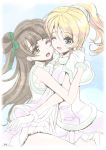  2girls ayase_eli blonde_hair blue_eyes brown_hair frapowa hug long_hair love_live!_school_idol_project minami_kotori multiple_girls one_eye_closed open_mouth 