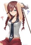  1girl ? armpits blush braid breasts brown_hair cleavage gloves green_eyes kantai_collection long_hair necktie noshiro_(kantai_collection) pleated_skirt red_skirt sailor_collar skirt sleeveless solo twin_braids twitter_username veryberry00 white_gloves 
