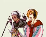  2boys archer archer_(fate/extra) casual crimo dark_skin fate/extra fate/stay_night fate_(series) hair_ornament hair_over_one_eye hairclip headphones hoodie microphone multiple_boys orange_hair recording_studio scarf script studio_microphone white_hair 
