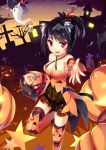  1girl absurdres animal_ears bare_shoulders basket bat_hair_ornament black_hair blush breasts candy cat_ears cat_tail cleavage cross detached_sleeves fangs ghost grave hair_ornament hair_ribbon halloween hat highres jack-o&#039;-lantern kaede_(003591163) lantern large_breasts looking_at_viewer open_mouth original outstretched_hand panties polka_dot polka_dot_panties ponytail pumpkin ribbon see-through short_hair smile solo striped striped_legwear tail thigh-highs underwear witch_hat zettai_ryouiki 