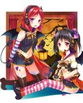  2girls bat_wings belt black_hair blush boots bow cape detached_sleeves fingerless_gloves gloves halloween happy headset horns kneeling lantern looking_at_viewer love_live!_school_idol_project multiple_girls natsuki_shuri navel nishikino_maki open_mouth red_eyes redhead short_hair skirt smile striped striped_gloves striped_legwear thigh-highs thigh_boots twintails violet_eyes wings yazawa_nico 