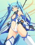  1girl blue_eyes blue_hair blush bodysuit furrowed_eyebrows gloves long_hair mecha_musume ore_twintail_ni_narimasu parted_lips solo tail_blue thigh-highs twintails 