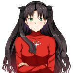  1girl black_hair blush crossed_arms fate/stay_night fate_(series) ffmania7 frown green_eyes highres solo tohsaka_rin toosaka_rin twintails two_side_up 