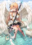  1girl barefoot bird blonde_hair blue_eyes chain dove dress feathers feet_in_water halo long_hair original polearm s-goon sitting sky smile soaking_feet solo spear water weapon wings 