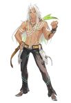  1boy artist_request belt brown_eyes hand_on_hip jewelry long_hair male necklace official_art pants shirtless shoes solo standing tales_of_(series) tales_of_zestiria tattoo white_background white_hair zavied_(tales) 