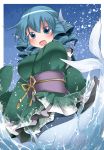  1girl animal_ears blue_eyes blue_hair blush breasts commentary_request female hammer_(sunset_beach) head_fins japanese_clothes kimono large_breasts looking_at_viewer mermaid monster_girl obi open_mouth sash short_hair smile solo touhou wakasagihime 