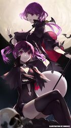  2girls :d bat black_legwear blurry capelet crossed_arms crossed_legs depth_of_field elsword hair_ornament halloween highres long_hair looking_at_viewer multiple_girls open_mouth purple_hair sitting smile swd3e2 twintails violet_eyes 