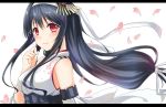  1girl bare_shoulders black_hair breasts cherry_blossoms detached_sleeves fusou_(kantai_collection) hair_ornament hasu_(velicia) headband japanese_clothes kantai_collection long_hair low-tied_long_hair nontraditional_miko obi petals red_eyes sash smile solo 