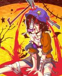  1girl axe bandages blood blue_eyes blue_hair bra breasts candy cleavage halloween hat jack-o&#039;-lantern jiangshi knife knife_in_head lollipop miyako_yoshika ofuda open_clothes outstretched_arms shika_miso short_hair sitting skirt smile solo star stitches touhou underwear weapon 