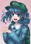  1girl artist_name backpack bag blue_eyes blue_hair bust dress equala gradient gradient_background hair_bobbles hair_ornament hands_up hat highres kawashiro_nitori key long_sleeves open_mouth shirt short_hair smile solo touhou twintails water water_drop 