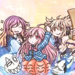  3girls blonde_hair breasts brown_eyes brown_hair dress gradient_hair hata_no_kokoro hijiri_byakuren long_hair multicolored_hair multiple_girls pink_eyes pink_hair plaid plaid_shirt purple_hair takanoru touhou toyosatomimi_no_miko 