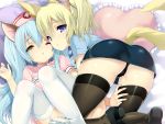  2girls animal_ears ass blonde_hair blue_eyes blush elin_(tera) emily_(pure_dream) flat_chest looking_at_viewer multiple_girls open_mouth panties tail tera_online thigh-highs underwear 