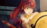  1girl armor black_gloves breastplate breasts cleavage elbow_gloves forehead_protector gloves gorget green_eyes headband jewelry long_hair open_mouth polearm ponytail pyrrha_nikos redhead rwby shield shiny shiny_hair signature silenticha solo spear weapon 