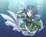  1girl blue_background blue_eyes blue_hair bubble dress drill_hair frills gradient gradient_background green_dress head_fins japanese_clothes long_sleeves mermaid monster_girl obi open_mouth ribbon sash satou_kibi smile solo touhou underwater wakasagihime wide_sleeves 