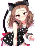  1girl animal_ears black_dress brown_hair cat_ears cat_tail curly_hair dress highres idolmaster idolmaster_cinderella_girls long_hair looking_at_viewer natsu_(anta_tte_hitoha) open_mouth polka_dot polka_dot_dress red_eyes seki_hiromi solo sweat tail 