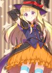  1girl :q blonde_hair broom brown_hair capelet halloween hat holding hyuuga_azuri long_hair looking_at_viewer original solo striped striped_legwear thigh-highs tongue tongue_out witch_hat 