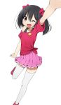 1girl arm_up black_hair blush bow hair_bow looking_at_viewer love_live!_school_idol_project miyako_hito off_shoulder one_eye_closed open_mouth red_eyes short_hair skirt smile solo thigh-highs twintails white_legwear yazawa_nico 