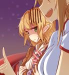  2girls blonde_hair breast_envy breasts fang green_eyes hands_on_own_chest hoshiguma_yuugi large_breasts mizuhashi_parsee multiple_girls open_mouth pointy_ears scarf shaded_face shinoba shirt smile touhou 