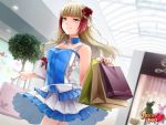  1girl audrey_belrose bag bangs blunt_bangs braid brown_hair corset detached_collar fashion frilled_skirt frills handbag highlights highres hunie_pop long_hair mall multicolored_hair ninamo official_art red_eyes shopping shopping_bag side_braid single_braid skirt small_breasts smile solo two-tone_hair watermark 