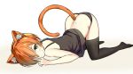 1girl animal_ears ass black_legwear brown_hair cat_ears cat_tail green_eyes hair_over_one_eye highres hoshizora_rin kemonomimi_mode looking_at_viewer love_live!_school_idol_project short_hair sketch sky_(freedom) smile solo tail thigh-highs top-down_bottom-up 