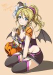  1girl ayase_eli bat_wings black_legwear blonde_hair blue_eyes blush breasts brooch candy cleavage detached_sleeves garter_straps halloween hat highres jack-o&#039;-lantern jewelry long_hair looking_at_viewer love_live!_school_idol_project mini_witch_hat pas_(paxiti) ponytail simple_background skirt smile solo thigh-highs wings witch_hat wrist_cuffs zettai_ryouiki 