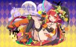  elbow_gloves fingerless_gloves gloves halloween hat highres mvv one_eye_closed original pointy_ears red_eyes redhead star star-shaped_pupils symbol-shaped_pupils thigh-highs wings witch_hat 