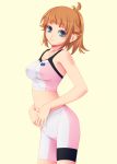  1girl bike_shorts blue_eyes breasts brown_hair cowboy_shot gundam gundam_build_fighters gundam_build_fighters_try hoshino_fumina kirishima_satoshi looking_at_viewer midriff navel ponytail short_hair smile solo sports_bra yellow_background 