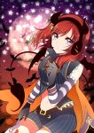  1girl bat bat_wings belt candy cape full_moon halloween headphones headset highres horns looking_at_viewer love_live!_school_idol_project midriff moon navel nishikino_maki pinstripe_pattern redhead solo star striped tail violet_eyes wings yuihiko 