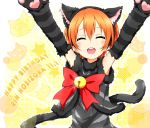  1girl animal_costume animal_ears arms_up bell bow cat_costume cat_ears cat_tail closed_eyes fake_animal_ears gloves happy_birthday hoshizora_rin karamoneeze light_brown_hair love_live!_school_idol_project open_mouth paw_gloves smile solo tail 