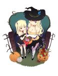  2girls arm_garter bare_shoulders blonde_hair blue_eyes blush boku_wa_tomodachi_ga_sukunai breasts butterfly_hair_ornament cait candy chain choker cleavage collar collarbone elbow_gloves gloves hair_ornament halloween hasegawa_kobato hat heterochromia jack-o&#039;-lantern kashiwazaki_sena large_breasts leg_garter long_hair looking_at_viewer multiple_girls one_eye_closed pumpkin red_eyes smile thigh-highs twintails two_side_up white_gloves white_legwear wings witch_hat 