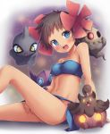  1girl :d blue_eyes breasts cleavage dark_skin duskull flower fuyou_(pokemon) hair_flower hair_ornament halloween highres loincloth midriff navel open_mouth pokemon pokemon_(creature) pokemon_(game) pokemon_oras pumpkaboo sableye short_hair shuppet smile snowcanvas solo tubetop 