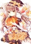  1girl bone boyano brown_eyes brown_hair carrying halloween hat jack-o&#039;-lantern long_hair looking_at_viewer original pumpkin sitting smile solo witch_hat 