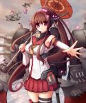  3girls airplane brown_hair detached_sleeves fairy_(kantai_collection) hair_ornament kantai_collection long_hair looking_at_viewer machinery multiple_girls petals pleated_skirt ponytail red_eyes rizuriri skirt turret yamato_(kantai_collection) 