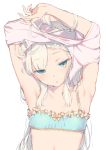  1girl aida_takanobu armpits arms_up blue_bra blue_eyes bra bust character_request collarbone flat_chest frilled_bra frills half-closed_eyes long_hair original solo underwear undressing white_background white_hair 
