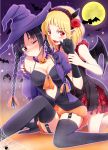  2girls bat bat_wings black_hair black_legwear blonde_hair blush bow braid breasts cleavage devil elbow_gloves fang fingernails flower frills full_moon garter_straps gloves hair_ornament hair_ribbon hairband halloween hat horns jack-o&#039;-lantern jewelry long_hair moon multiple_girls nashigaya_koyomi necklace night night_sky off_shoulder one_eye_closed original pointy_ears puffy_sleeves pumpkin pumpkin_pants red_eyes red_fingernails red_rose ribbon rose sharp_fingernails short_hair silk sky sleeveless spider spider_web thigh-highs twin_braids violet_eyes wings witch witch_hat wizard_hat wrist_grab 