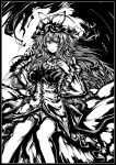  1girl acryl big_hair border breasts choker corset flowing_dress frills frown hat highres large_breasts long_hair long_sleeves looking_at_viewer mob_cap monochrome parted_lips ribbon_choker solo thigh-highs touhou yakumo_yukari 