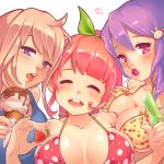  3girls ahoge bikini blush breasts brown_hair candy closed_eyes food food_themed_clothes fruit hair_ornament hair_ribbon hairpin highres ice_cream ice_cream_cone large_breasts lollipop mouth_hold multiple_girls ohayougirls open_mouth orange_hair original payot popsicle purple_hair red_eyes ribbon smile strawberry swimsuit tongue violet_eyes 