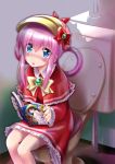 1girl blue_eyes blush book dress hat highres long_hair open_mouth pink_hair reading sherlock_shellingford sitting smile solo tantei_opera_milky_holmes toilet twintails 