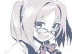  1girl blew_andwhite bow bowtie bust dress_shirt fang glasses looking_at_viewer monochrome open_mouth original shirt short_hair simple_background smile solo twintails vest white_background white_shirt 