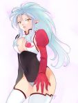  1girl ai:_tenchi_muyou! asylum blue_hair breasts cleavage cleavage_cutout earrings elbow_gloves gloves highres jewelry large_breasts leotard long_hair pointy_ears ryouko_(tenchi_muyou!) solo spiky_hair tenchi_muyou! thigh-highs yellow_eyes 
