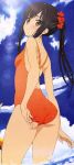 absurdres ass bare_shoulders black_hair blush character_request from_behind from_below hair_ornament highres long_hair looking_at_viewer small_breasts solo swimsuit twintails yellow_eyes 