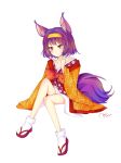  1girl animal_ears bare_legs bow dated expressionless floral_print fox_ears fox_tail hairband hatsuse_izuna highres japanese_clothes kimono lemonzuice no_game_no_life off_shoulder purple_hair red_eyes sandals short_hair simple_background tail white_background 
