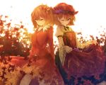  2girls ;) aki_minoriko aki_shizuha blonde_hair dress dress_lift food fruit grapes hair_ornament ibuki_notsu leaf leaf_hair_ornament looking_at_viewer mob_cap multiple_girls one_eye_closed short_hair smile sweet_potato touhou yellow_eyes 