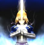  1girl ahoge armor armored_dress blonde_hair dress excalibur fate/stay_night fate_(series) ffmania7 gauntlets glowing glowing_sword glowing_weapon green_eyes hair_ribbon juliet_sleeves long_sleeves puffy_sleeves ribbon saber solo weapon 