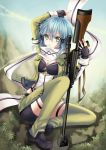  1girl anti-materiel_rifle aqua_eyes aqua_hair asada_shino blue_eyes blue_hair fingerless_gloves gloves gun hair_ornament hairclip highres rifle scarf shinon_(sao) short_hair short_shorts shorts sniper_rifle solo sword_art_online weapon yoneyu 